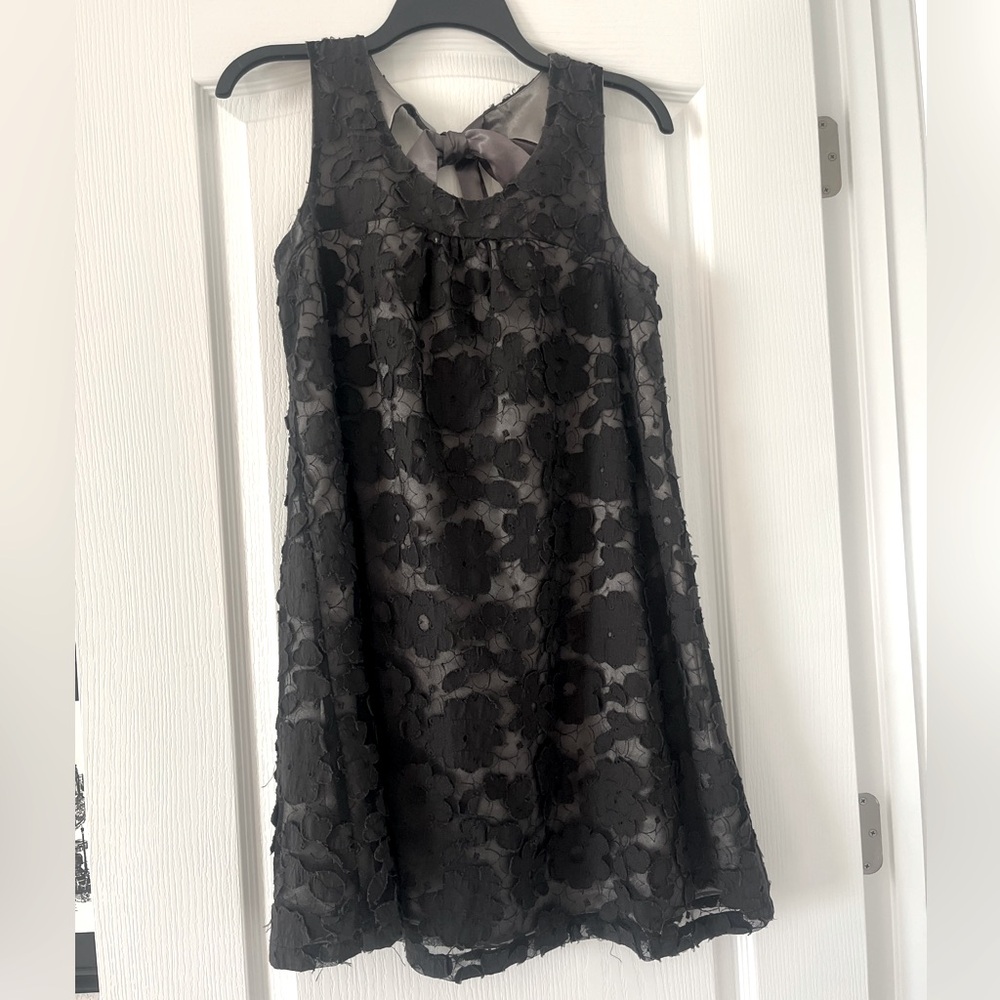 Forever 21 Black Sheer Floral Appliqué Dress with Silver Ribbon size Medium